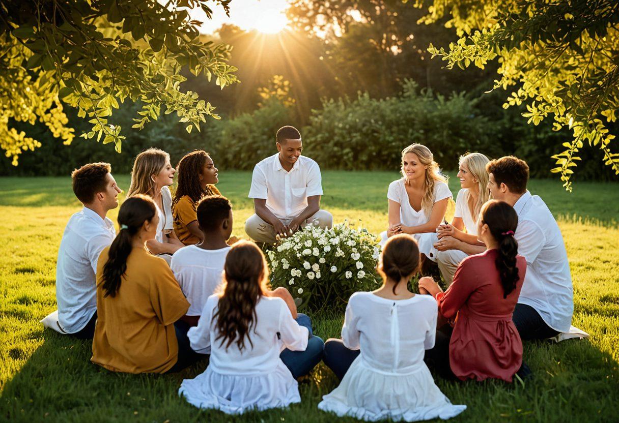 A serene scene depicting a group of diverse individuals sitting together in a circle, sharing stories and comforting each other during a sunset. Soft light enhances their expressions of love and loyalty, with symbolic elements like intertwined hands and heart-shaped leaves around them. A gentle breeze sways nearby flowers, adding to the emotional depth of the moment. super-realistic. warm colors. atmospheric lighting.
