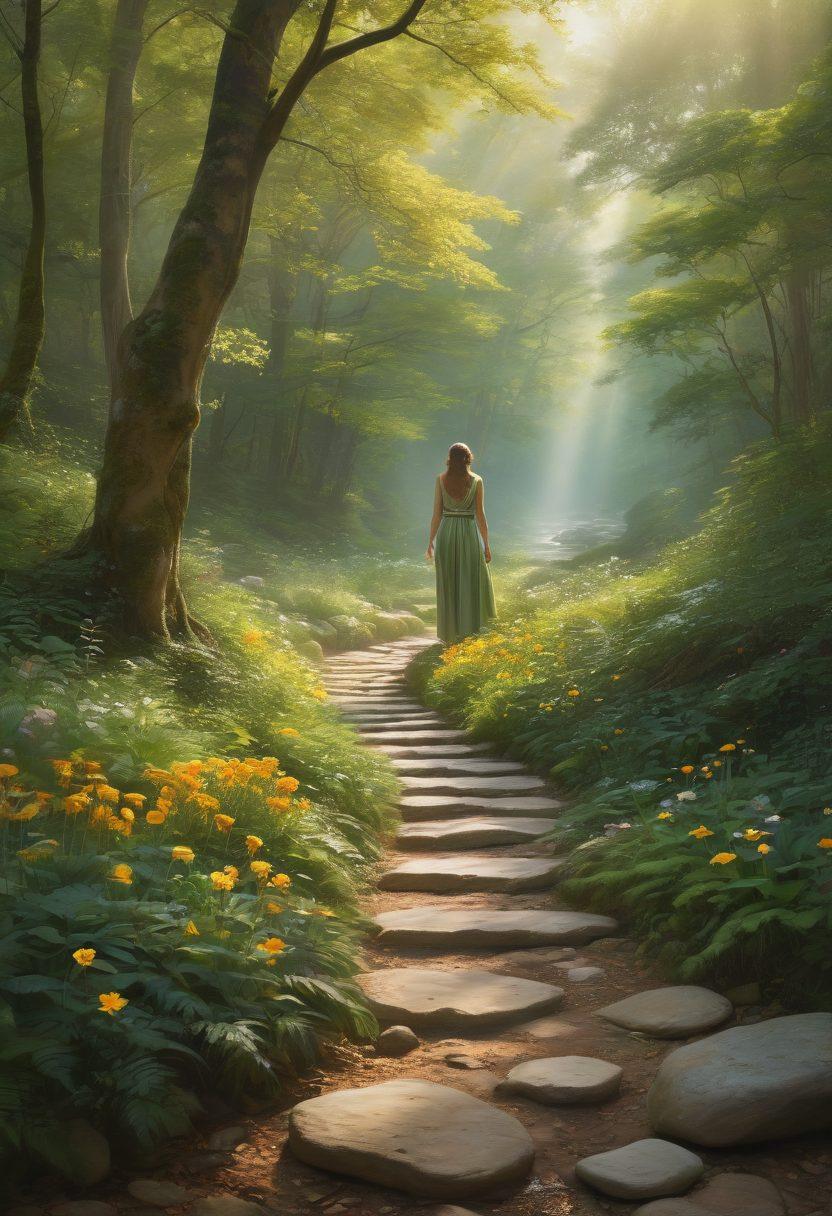 A serene landscape depicting a winding path through a tranquil forest, with light breaking through the trees symbolizing hope. Along the path, gentle reminders of self-love, like blooming flowers and soft, comforting stones, create an inviting ambiance. In the distance, a figure sits peacefully by a stream, reflecting on their journey from sorrow to self-discovery. The color palette consists of soothing greens and warm yellows, evoking feelings of compassion and healing. super-realistic. vibrant colors. soft lighting.